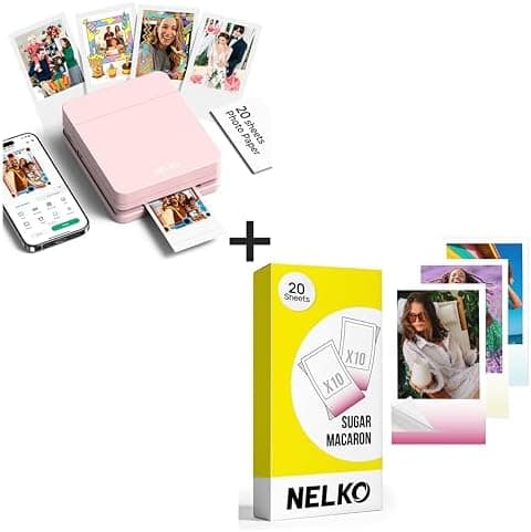 Nelko Photo Printer, PP01 Color Mini Photo Printer, Instant Smartphone Inkjet Sticker Printer for iOS & Android, Sticky-Back Photos, Picture Printer with 20 Sheets Sugar Macaron Photo Paper, Pink