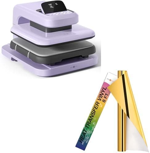 HTVRONT Auto Heat Press 2 - Heat Press Machine for T Shirts & HTVRONT Metallic Gold Heat Transfer Vinyl - 12in x 8ft Iron on Vinyl, Easy to Weed & Transfer
