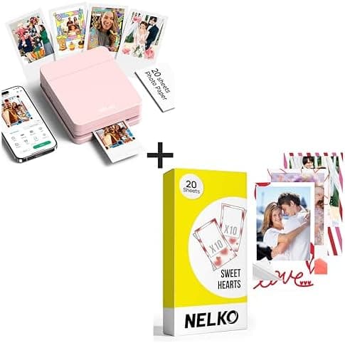 Nelko Photo Printer, PP01 Color Mini Photo Printer, Instant Smartphone Inkjet Sticker Printer for iOS & Android, Sticky-Back Photos, Picture Printer with 20 Sheets Sweet Hearts Photo Paper, Pink