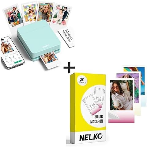 Nelko Photo Printer, PP01 Color Mini Photo Printer, Instant Smartphone Inkjet Sticker Printer for iOS & Android, Sticky-Back Photos, Picture Printer with 20 Sheets Sugar Macaron Photo Paper, Green