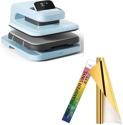 HTVRONT Auto Heat Press 2 - Heat Press Machine & HTVRONT Metallic Gold Heat Transfer Vinyl - 12in x 8ft Iron on Vinyl, Easy to Weed & Transfer Metallic HTV Vinyl - Gold Foil HTV for T-Shirts