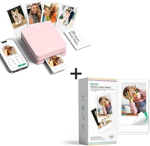 Nelko Photo Printer, PP01 Color Portable Mini Photo Printer, Instant Smartphone Inkjet Sticker Printer, Sticky-Back Photos, for iOS & Android, Picture Printer with 100 Sheets Photo Paper, Pink