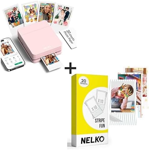 Nelko Photo Printer, PP01 Color Mini Photo Printer, Instant Smartphone Inkjet Sticker Printer for iOS & Android, Sticky-Back Photos, Picture Printer with 20 Sheets Stripe Fun Photo Paper, Pink