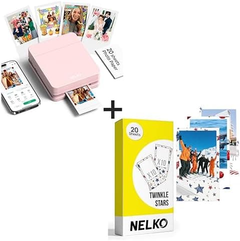 Nelko Photo Printer, PP01 Color Mini Photo Printer, Instant Smartphone Inkjet Sticker Printer for iOS & Android, Sticky-Back Photos, Picture Printer with 20 Sheets Twinkle Star Photo Paper, Pink