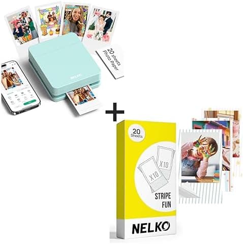Nelko Photo Printer, PP01 Color Mini Photo Printer, Instant Smartphone Inkjet Sticker Printer for iOS & Android, Sticky-Back Photos, Picture Printer with 20 Sheets Stripe Fun Photo Paper, Green