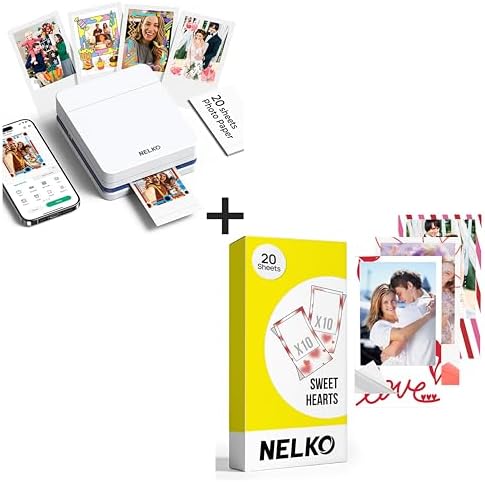 Nelko Photo Printer, PP01 Color Mini Photo Printer, Instant Smartphone Inkjet Sticker Printer for iOS & Android, Sticky-Back Photos, Picture Printer with 20 Sheets Sweet Hearts Photo Paper, White