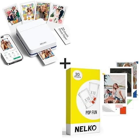 Nelko Photo Printer, PP01 Color Portable Photo Printer, Instant Smartphone Inkjet Sticker Printer for iOS & Android, Sticky-Back Photos, Picture Printer with 20 Sheets Pop Fun Photo Paper, White