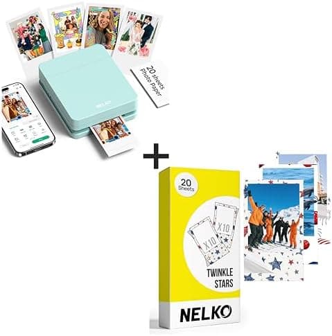 Nelko Photo Printer, PP01 Color Mini Photo Printer, Instant Smartphone Inkjet Sticker Printer for iOS & Android, Sticky-Back Photos, Picture Printer with 20 Sheets Twinkle Star Photo Paper, Green