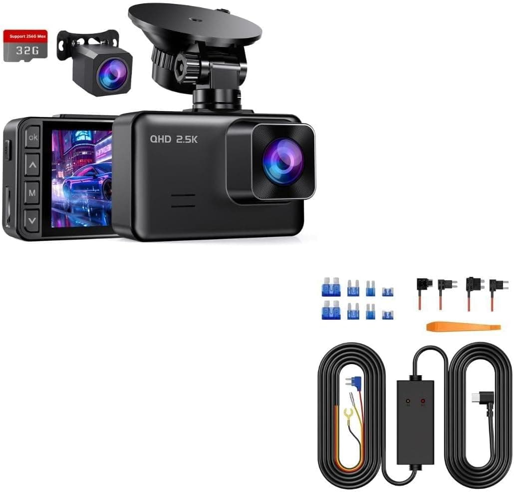 Dash Cam Front and Rear, 2.5K+1080P Dual Dash Camera for Cars, 2’’ Display Mini Car Camera, G-Sensor Dashcam, Night Vision with E-YEEGER 11.5ft Type-C Dash Cam Hardwire Kit (V5F), 12V-24V to5V 3A Car