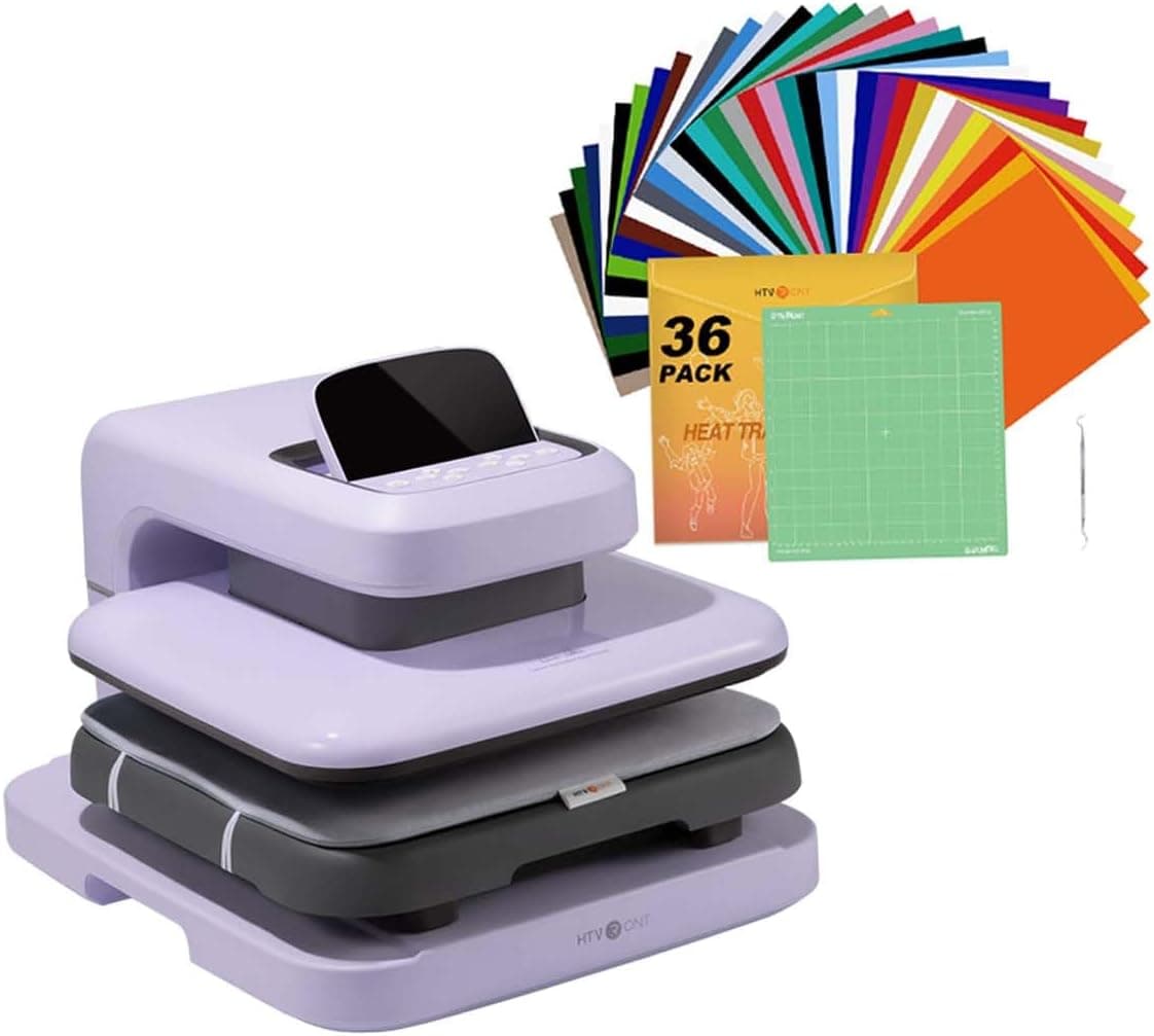HTVRONT Auto 2 Heat Press Machine + Heat Transfer Vinyl Bundle: 36 Pack 12 x 10 Iron On Vinyl with 1 Pack Standard Grip Cutting Mat for T-Shirt, 25pcs Assorted Colors HTV Vinyl