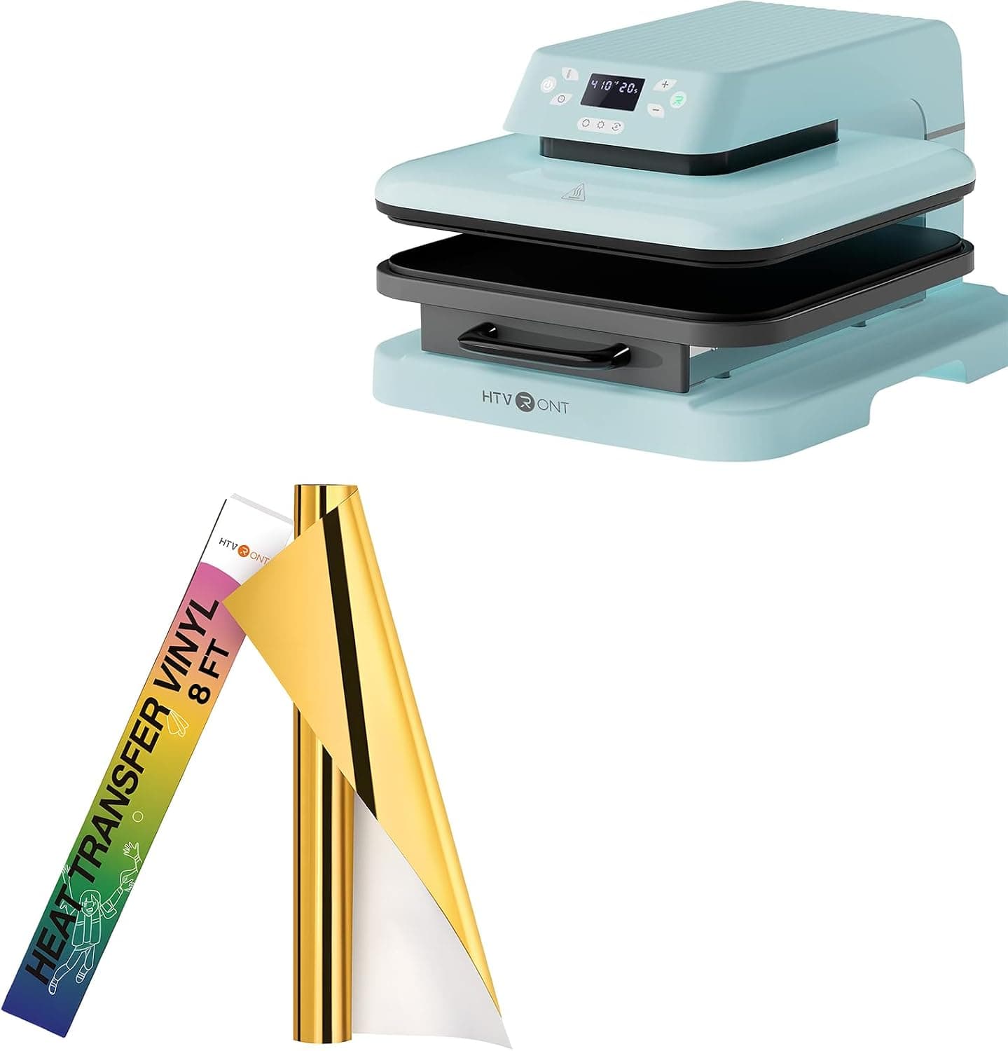 HTVRONT Auto Heat Press Machine for T Shirts & HTVRONT Metallic Gold Heat Transfer Vinyl - 12in x 8ft Iron on Vinyl, Easy to Weed & Transfer Metallic HTV Vinyl - Gold Foil HTV for T-Shirts