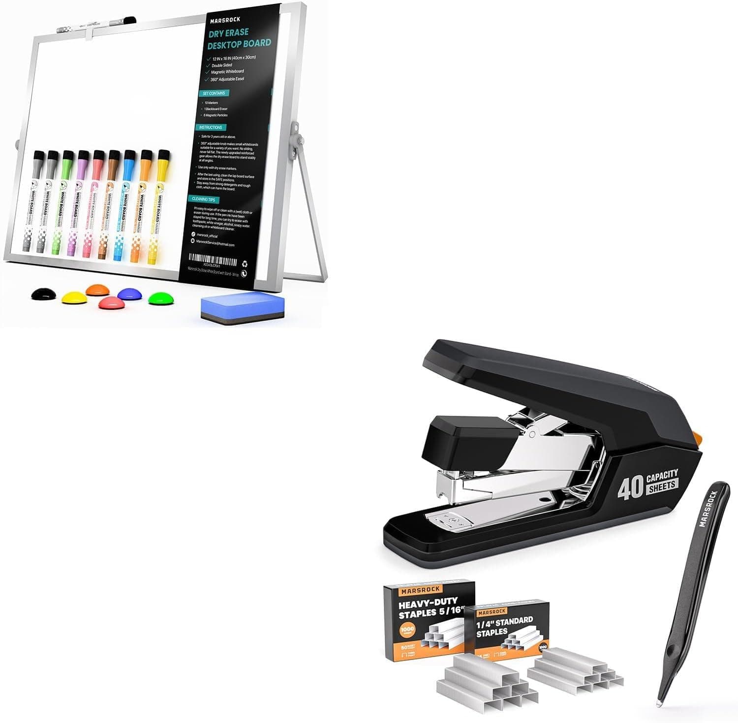 Marsrock Dry Erase White Board with Stand + Effortless Stapler for Desk with 40-50 Sheet Capacity, 2000 Staples