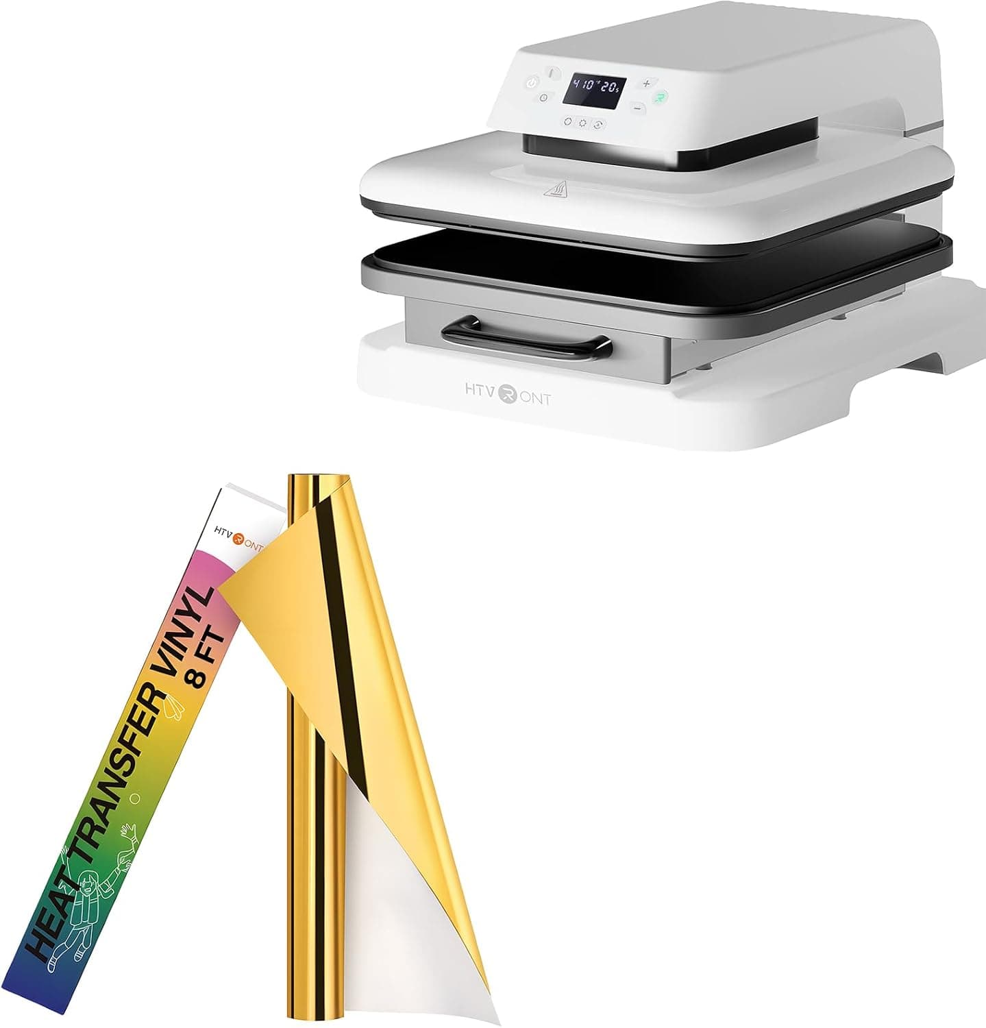 HTVRONT Auto Heat Press Machine for T Shirts - 15x15 Smart T Shirt Press Machine with Auto Release & HTVRONT Metallic Gold Heat Transfer Vinyl - 12in x 8ft Iron on Vinyl, Easy to Weed & Transfer