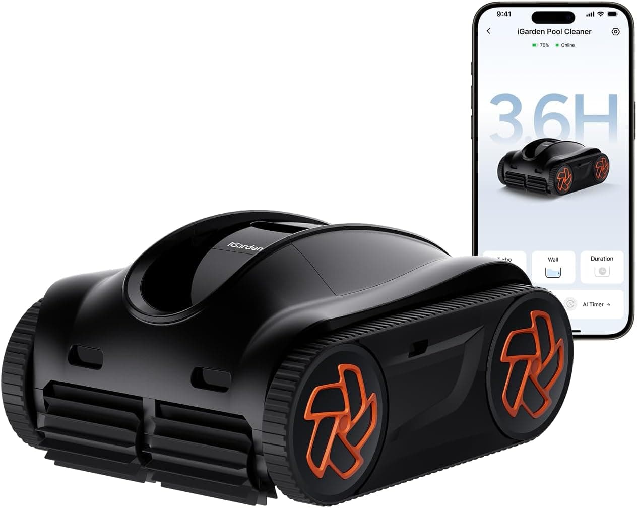 iGarden K Series Robotic Pool Cleaner, 3.6H Runtime Cordless Pool Vacuum, 22,000 LPH Suction Power, Smart Navigation, Touchscreen Control, Smart Parking for Inground & Above-Ground Pools, Black