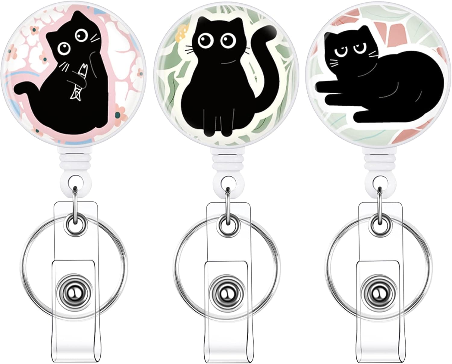 3 Pack Cat Lover Badge Reels Retractable Badge Clip with Key Ring Retractable Badge Holders for Office Worker Teacher Nurse Student(Cat)