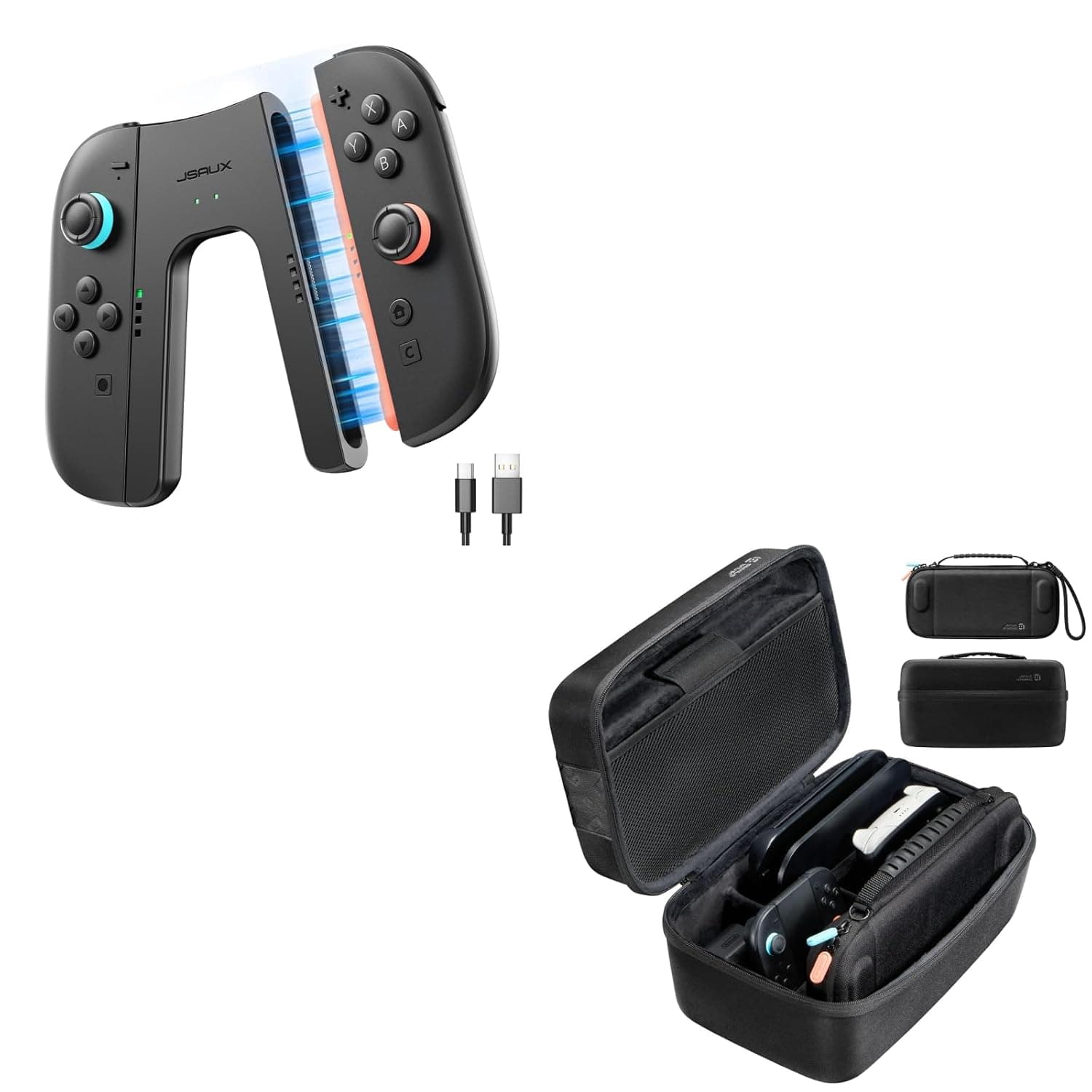 JSAUX Switch 2 Charging Grip&Large Hard Shell Travel Case with Separate Small Console Shell