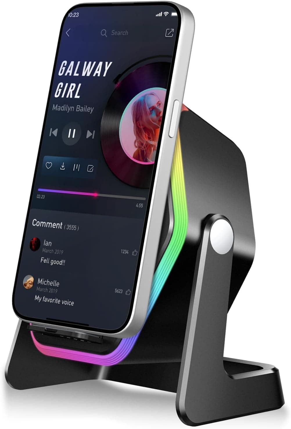 Hupoaf Wireless Induction Speaker, 5 in1 Bluetooth Phone Speaker with Mirror, Stereo Sound, RGB Ambient Light, 2600mAh, Tech Gifts for Men Women, Adjustable Phone Stand for iOS/Android, Light Black