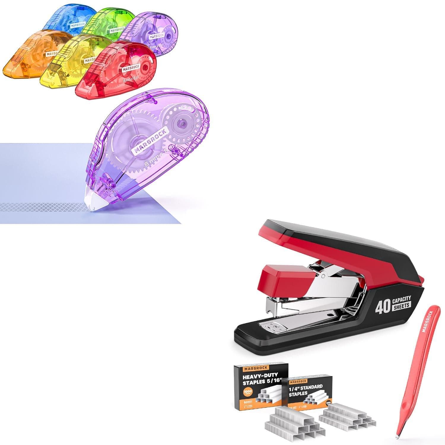 Marsrock Double-Sided Adhesive Dots Roller + Effortless Stapler for Desk with 40-50 Sheet Capacity, 2000 Staples