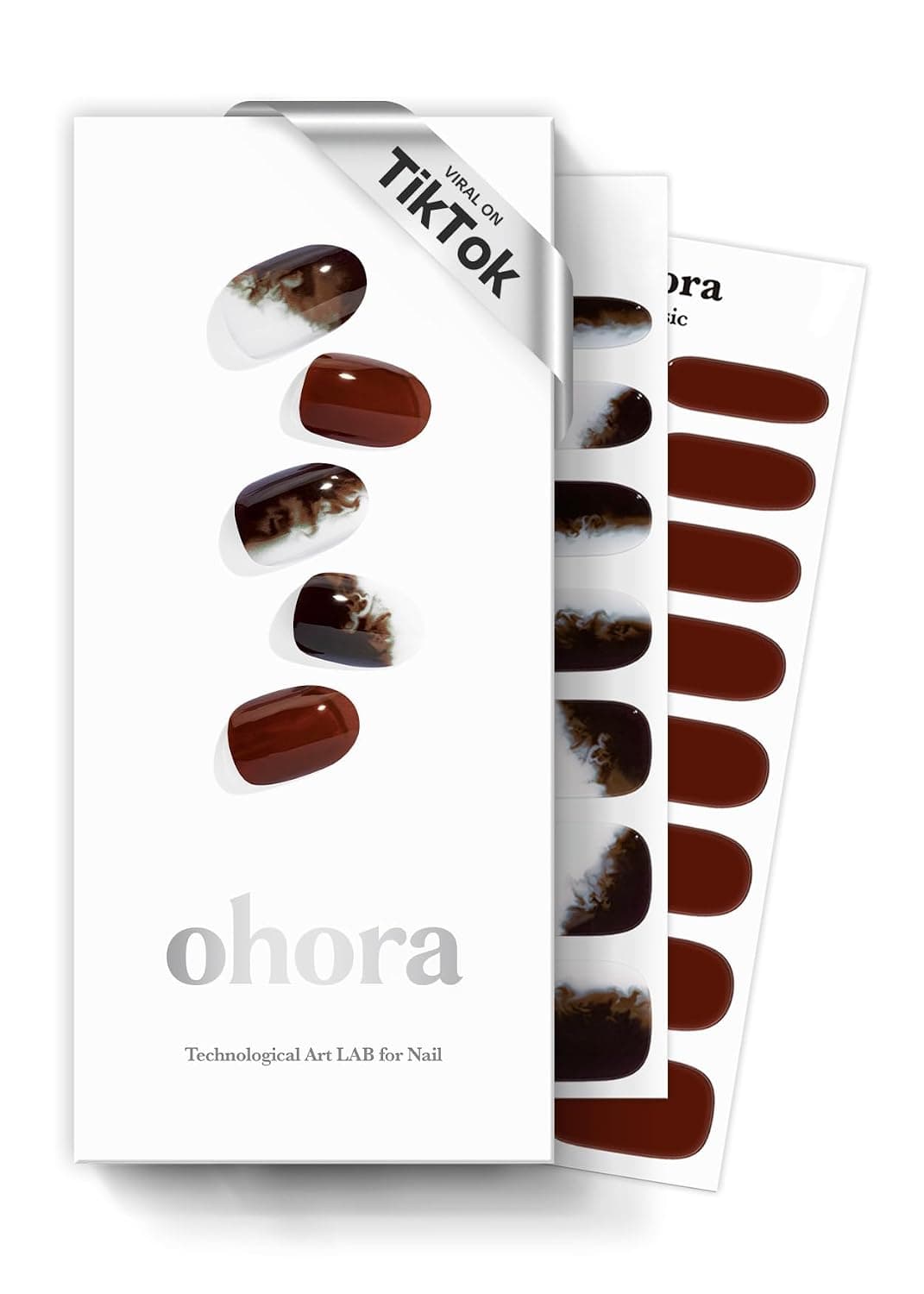 ohora Semi Cured Gel Nail Strips (N Einspanner) - Dark/Brown, Ombre, Works with Any UV/LED Lamps, Salon-Quality, Long Lasting, Easy to Apply & Remove - Includes 2 Prep Pads, Nail File & Wooden Stick