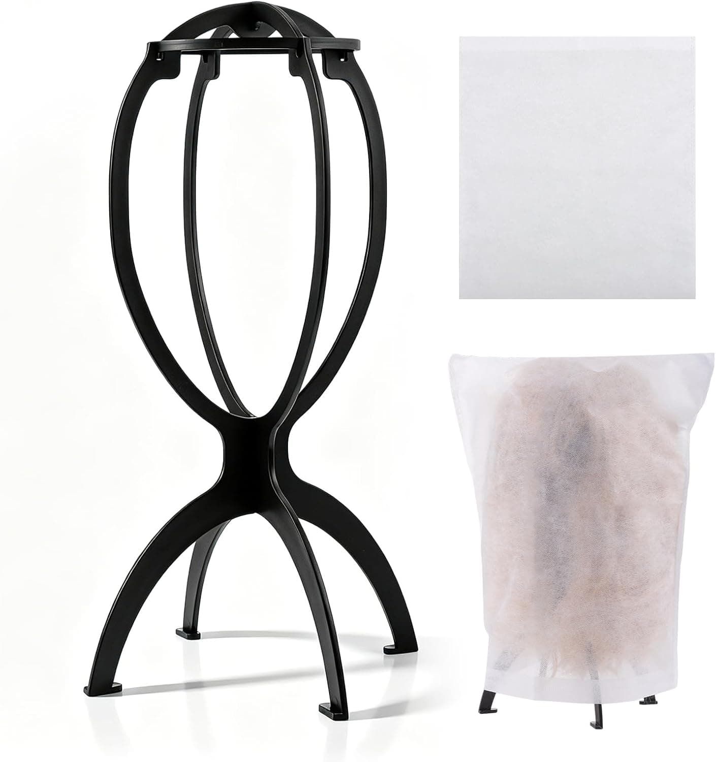 obeoby Wig Stand with Wig Dust Bags, Portable Foldable Wig Holder Stand for Travel Home Salon, Lightweight Plastic Wig Head Stand for Drying Display Cosplay Hat - Tool-Free Assembly