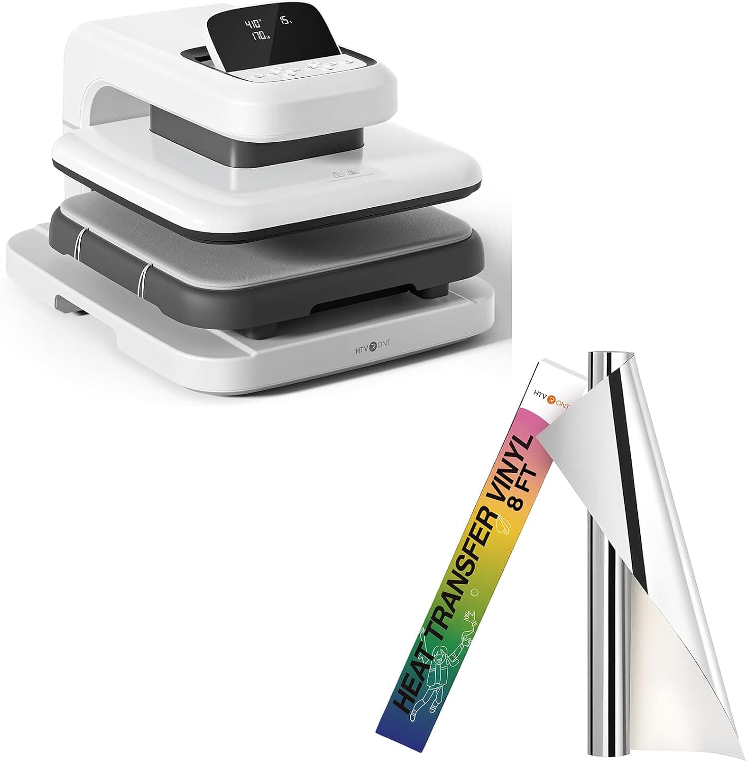 HTVRONT Auto Heat Press 2 - Heat Press Machine & HTVRONT Metallic Silver Heat Transfer Vinyl - 12in x 8ft Iron on Vinyl, Easy to Weed & Transfer Metallic HTV Vinyl - Silver Foil HTV for T-Shirts