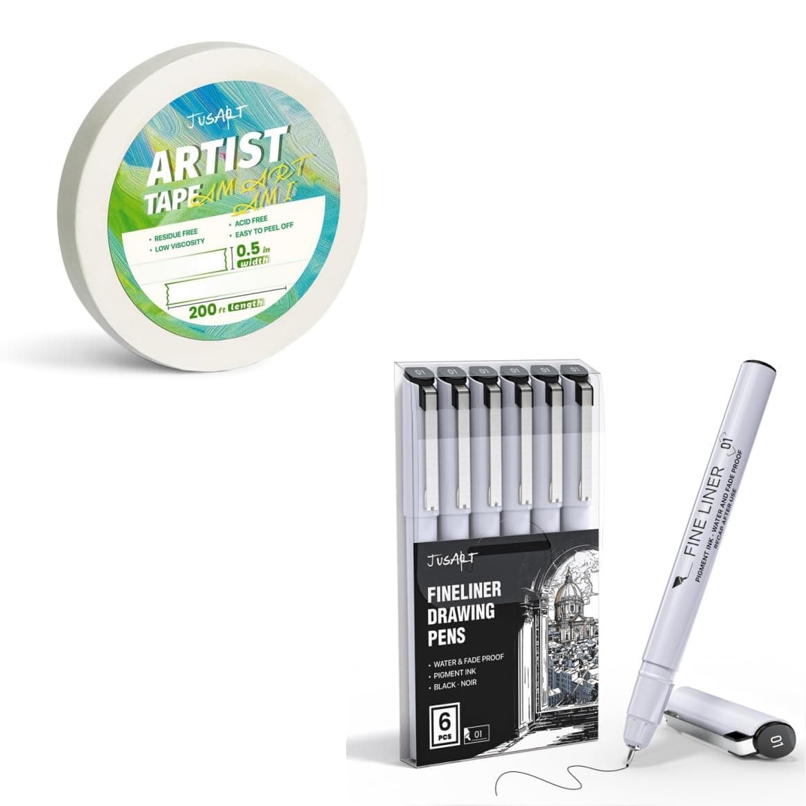 JusArt Artist Tape for Watercolor Paper Fineliner Pens, 6 Pcs