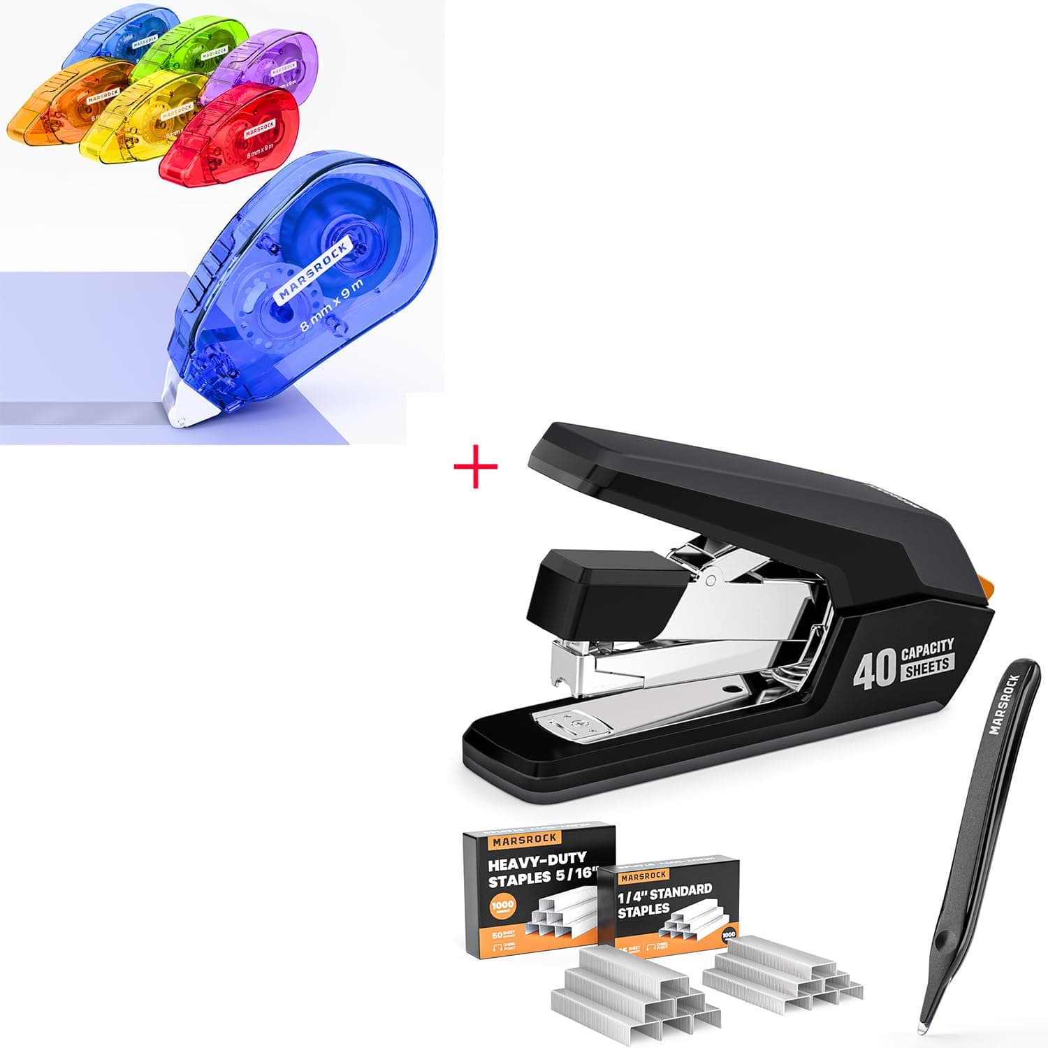 Marsrock Double-Sided Tape Roller + Effortless Stapler for Desk with 40-50 Sheet Capacity, 2000 Staples