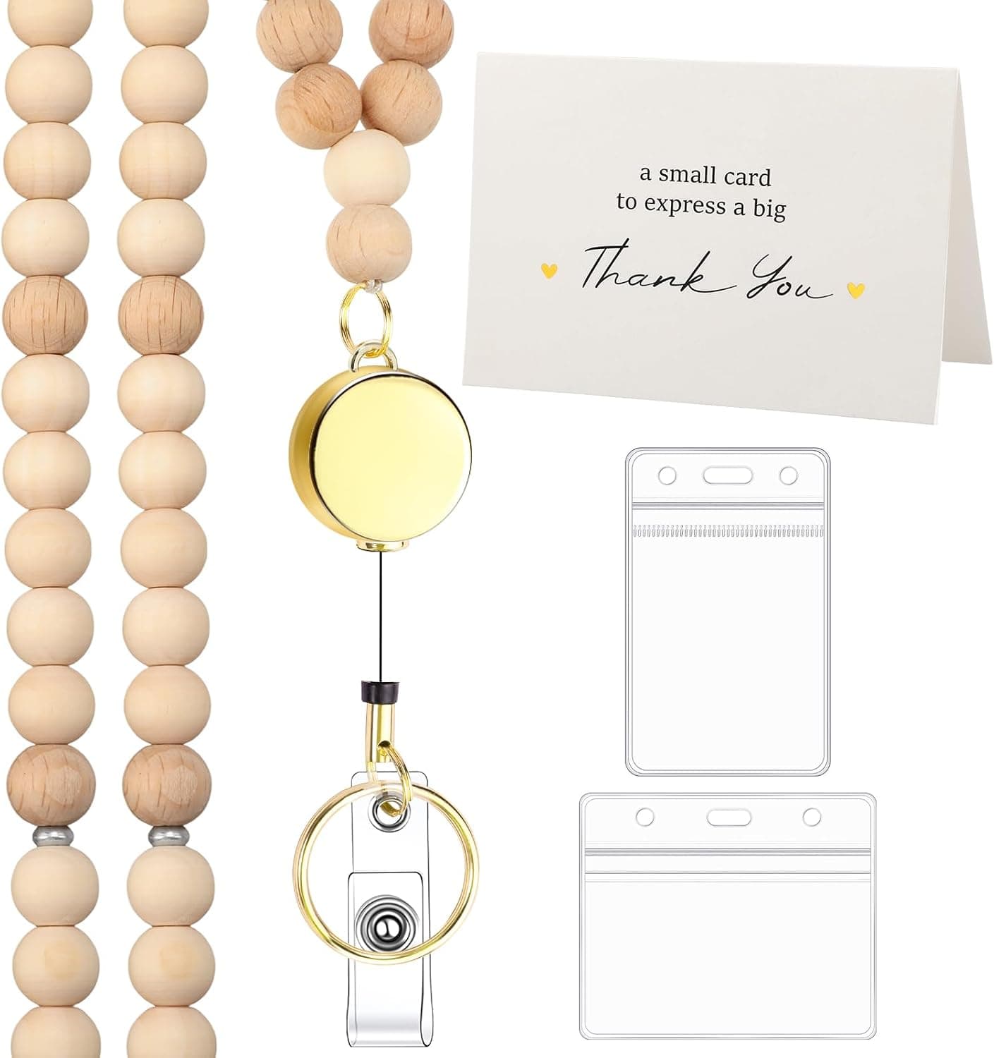 Teacher Lanyard with ID Holder Wooden Beaded Lanyards for ID Card Badges Holder Retractable Badge Reel with Thank You Cards