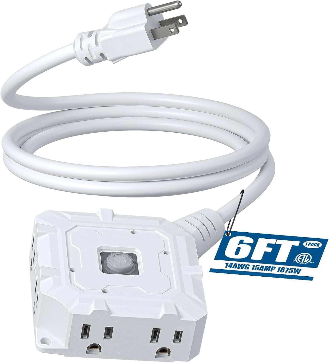DEWENWILS 6FT Heavy Duty Outdoor Extension Cord, 6 Outlets with On/Off Switch, 14/3 Gauge SJTW, Waterproof Silicone Cover, Lighted End with Indicator, 15A 125V 1875W, ETL Listed, White Power Cord