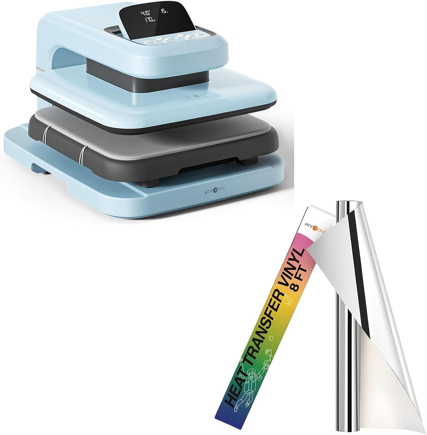 HTVRONT Auto Heat Press 2 - Heat Press Machine for T Shirts & HTVRONT Metallic Silver Heat Transfer Vinyl - 12in x 8ft Iron on Vinyl, Easy to Weed & Transfer Metallic HTV Vinyl - Silver Foil HTV
