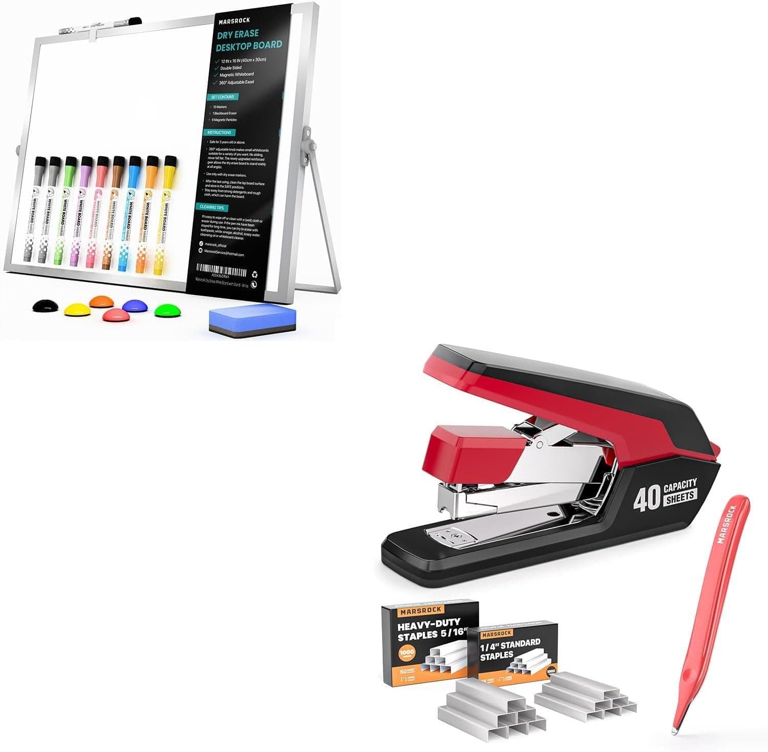 Marsrock Dry Erase White Board with Stand + Effortless Stapler for Desk with 40-50 Sheet Capacity, 2000 Staples