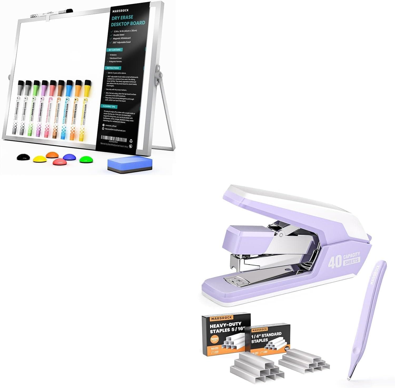 Marsrock Dry Erase White Board with Stand + Effortless Stapler for Desk with 40-50 Sheet Capacity, 2000 Staples