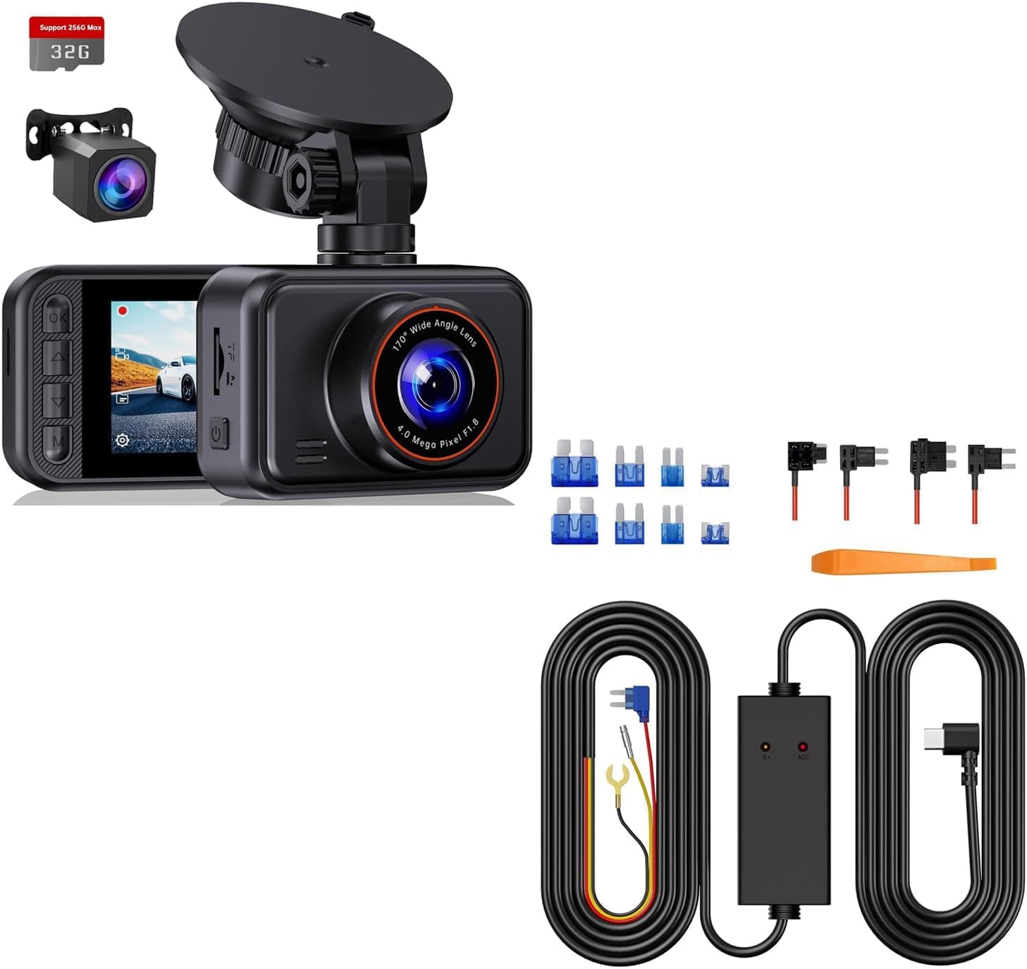 Dash Cam Front and Rear, 2.5K+1080P Dual Dash Camera for Cars, 2’’ Display Mini Car Camera, G-Sensor Dashcam, Night Vision with E-YEEGER 11.5ft Type-C Dash Cam Hardwire Kit (V5F), 12V-24V to5V 3A Car