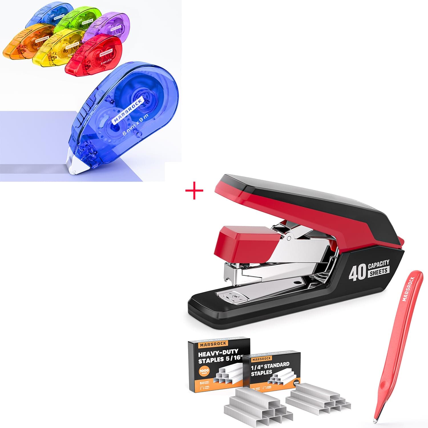 Marsrock Double-Sided Tape Roller + Effortless Stapler for Desk with 40-50 Sheet Capacity, 2000 Staples