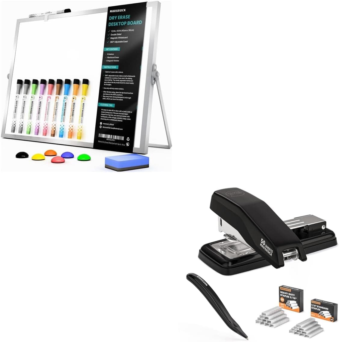 50 Sheet Capacity Swing-Arm Swivel Stapler + Dry Erase White Board with Stand