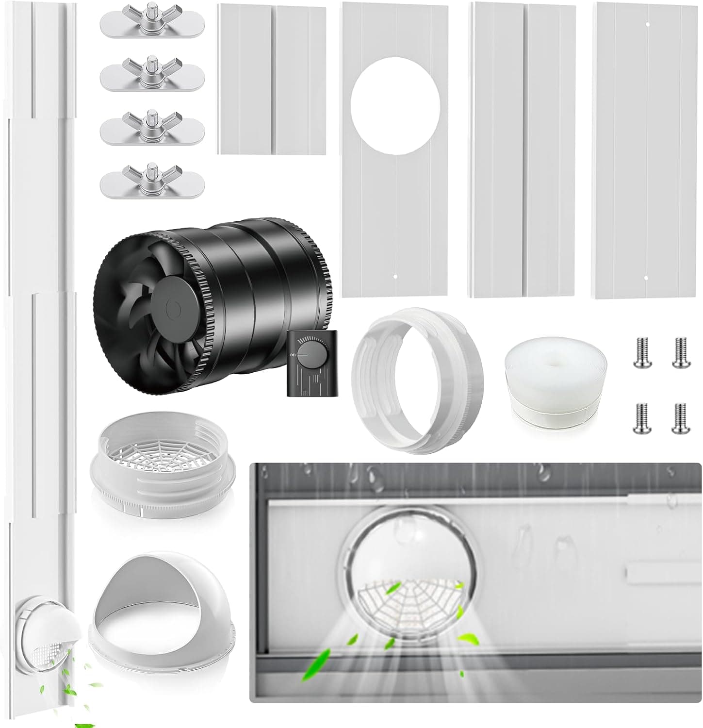 Portable AC Window Vent Kit with 6 Inch 345 CFM Inline Fan & Universal Coupler, Air Conditioner Window Seal with Plates, Upgraded Rain Cover, Portable Air Conditioner Kit for Sliding