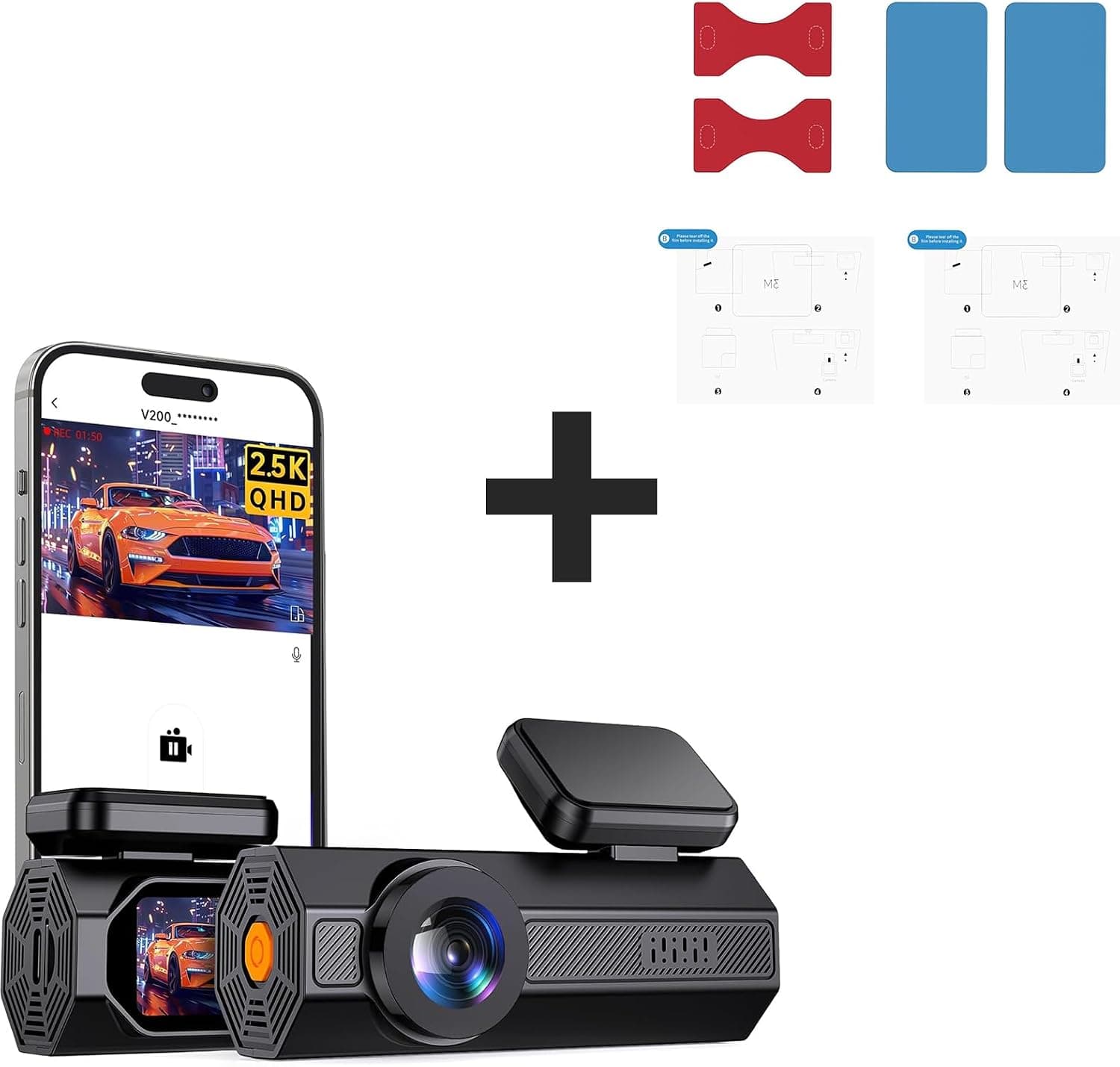 2.5K Dash Cam Front, V200PRO WiFi Dash Camera for Cars with App, with 3M Double-Sided Adhesive Pad & Electrostatic Sticker, 160°Wide, G-Sensor, WDR Night Vision, Mini Dash Cam