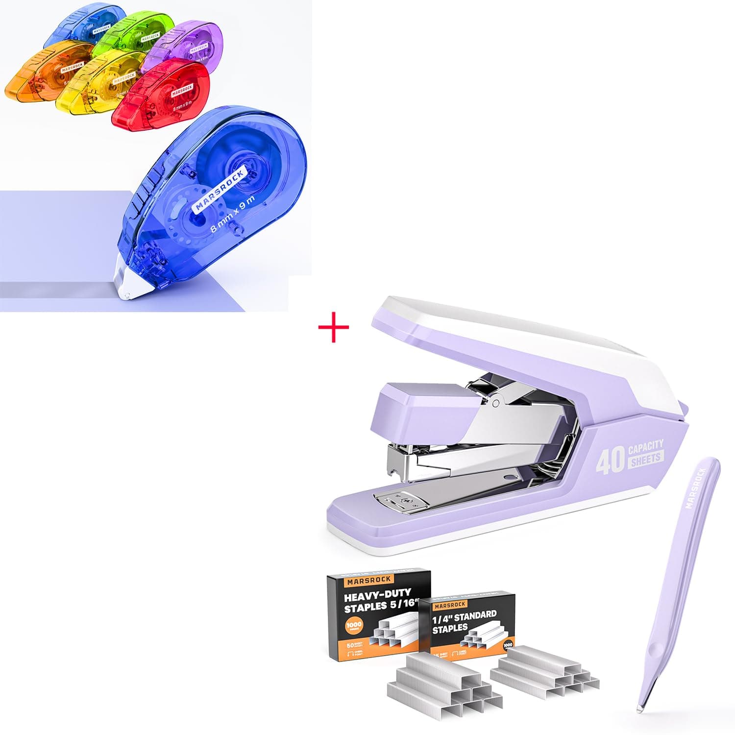 Marsrock Double-Sided Tape Roller + Effortless Stapler for Desk with 40-50 Sheet Capacity, 2000 Staples
