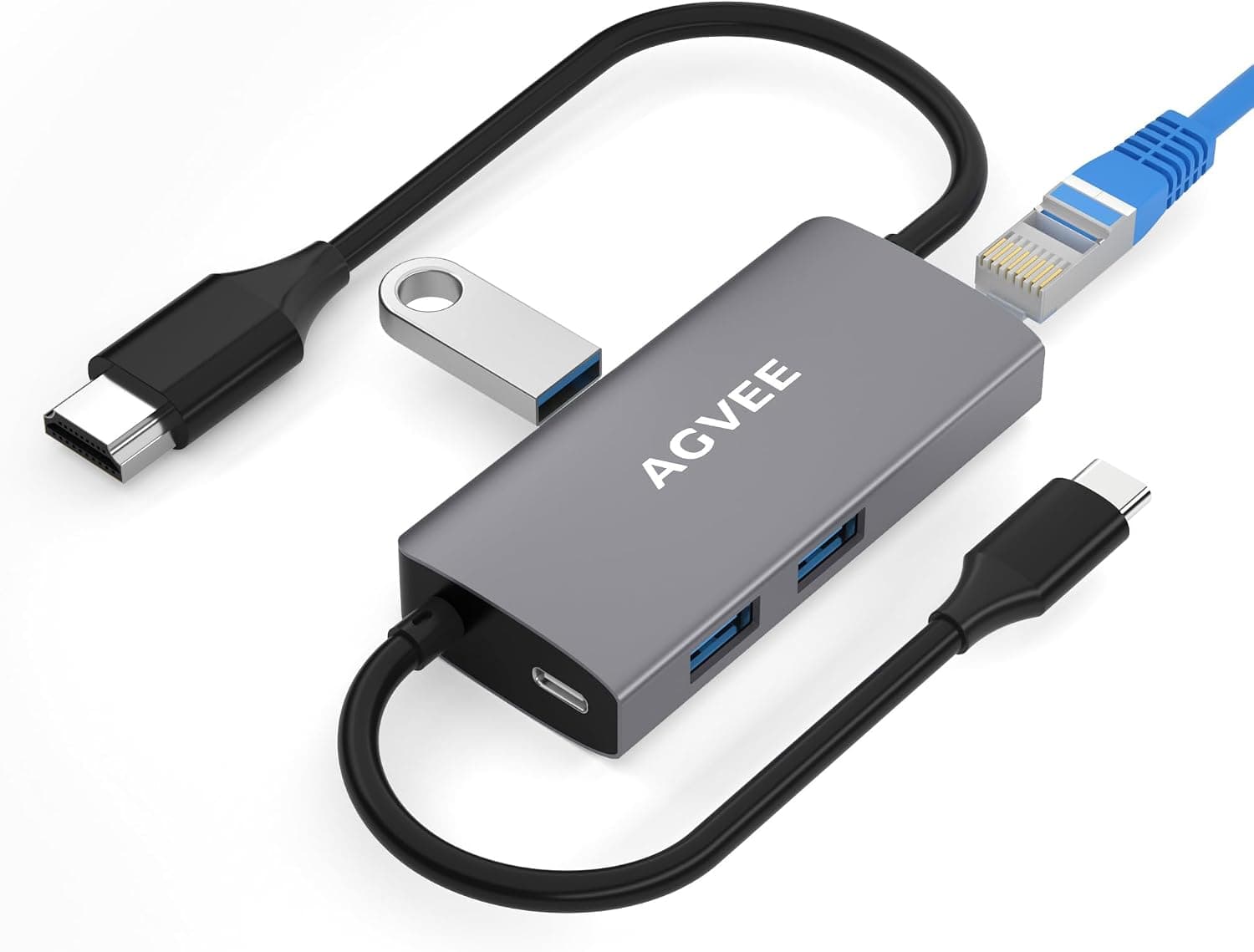 AGVEE USB-C HDMI Adapter for Steam Deck ROG Ally Legion Go MSI Claw,Type-C to 4K@60HZ HDMI Adapter with Gigabit RJ45 Ethernet LAN Network, Portable Travel, Gray