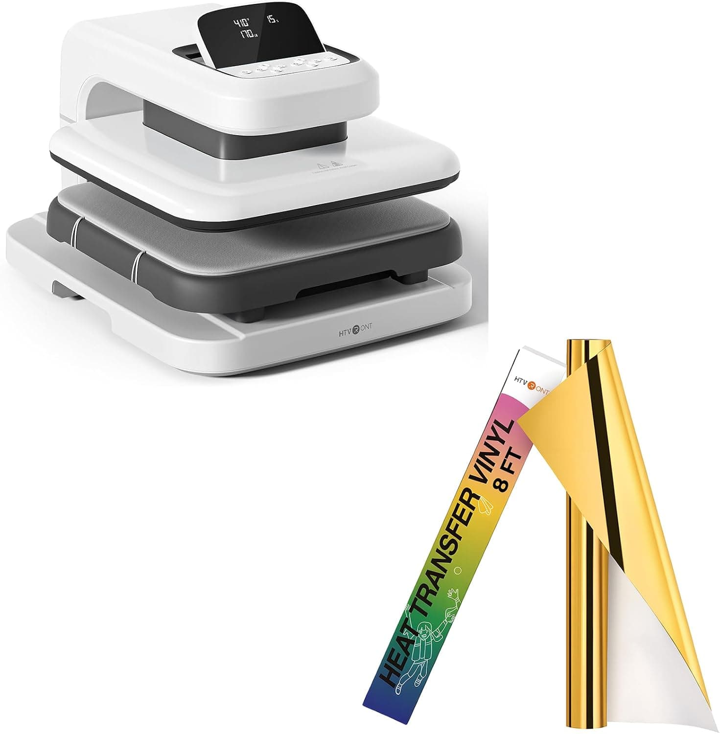 HTVRONT Auto Heat Press 2 & HTVRONT Metallic Gold Heat Transfer Vinyl - 12in x 8ft Iron on Vinyl, Easy to Weed & Transfer Metallic HTV Vinyl - Gold Foil HTV