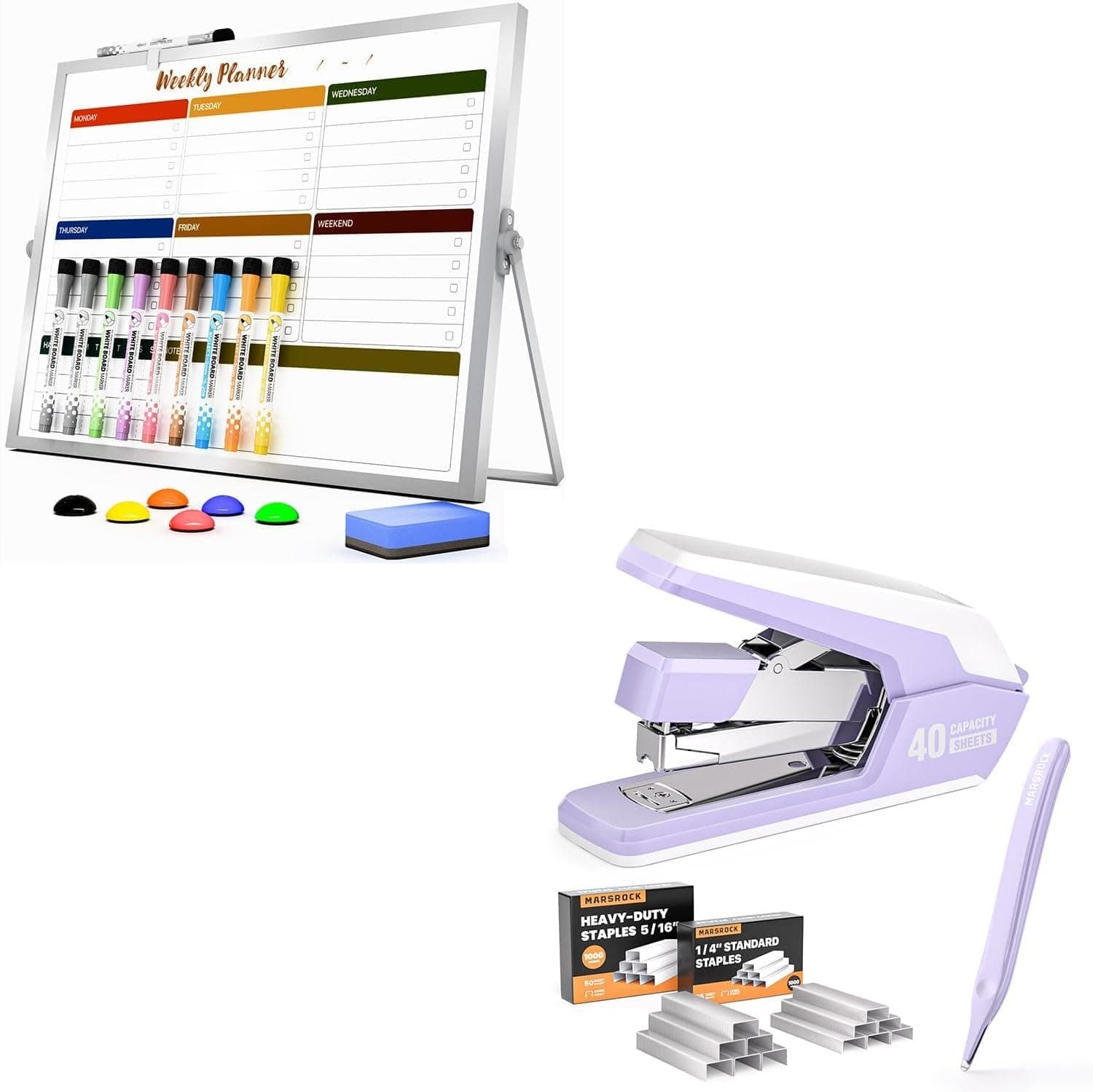 Marsrock Dry Erase White Board with Stand + Effortless Stapler for Desk with 40-50 Sheet Capacity, 2000 Staples