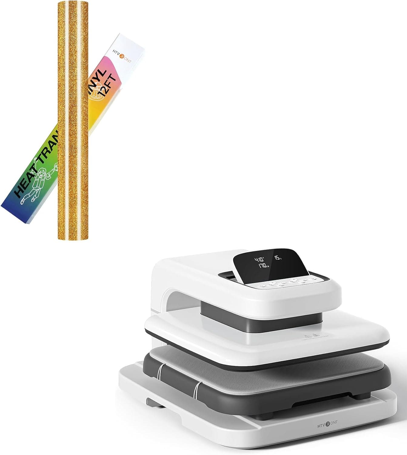 HTVRONT Auto Heat Press 2 - Heat Press Machine for T Shirts & HTVRONT Gold Glitter HTV - 12" X 12FT Glitter Heat Transfer Vinyl, Easy to Cut & Weed Glitter Iron on Vinyl for T-Shirts - Gold Glitter