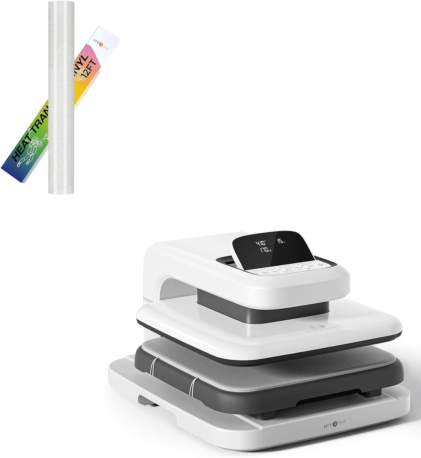 HTVRONT Auto Heat Press 2 - Heat Press Machine for T Shirts & HTVRONT Rainbow White Glitter HTV - 12" X 12FT Glitter Heat Transfer Vinyl