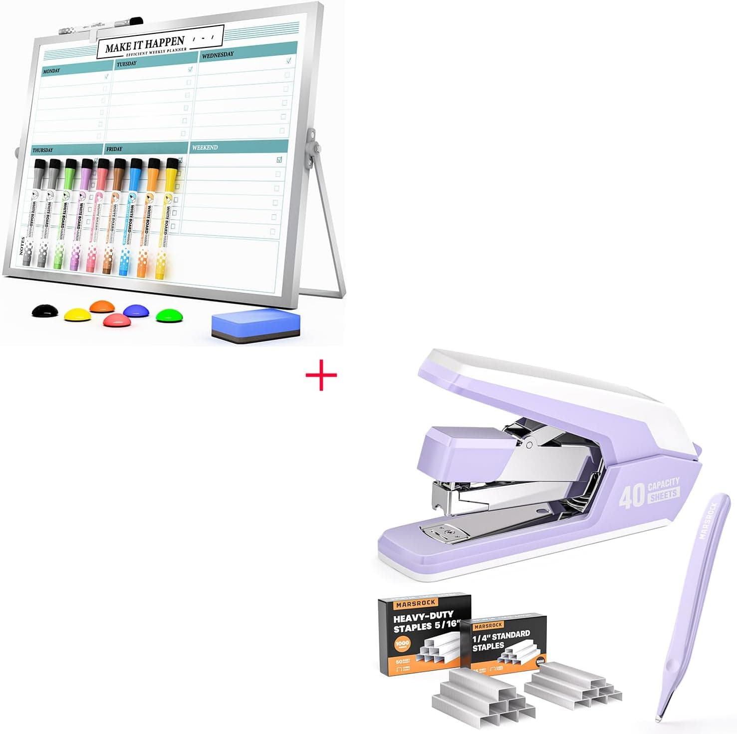 Marsrock Dry Erase White Board with Stand + Effortless Stapler for Desk with 40-50 Sheet Capacity, 2000 Staples