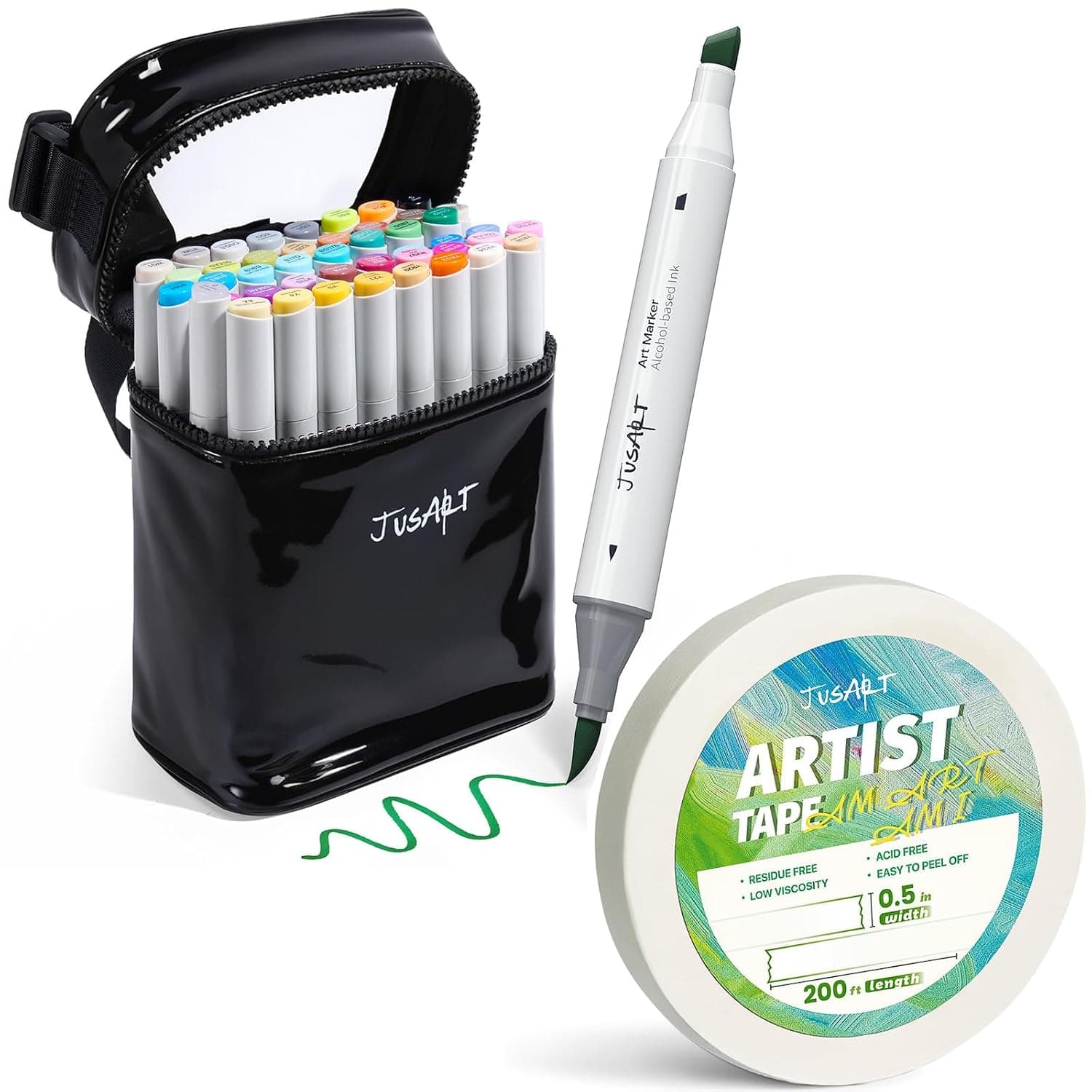 JusArt 48 Alcohol Markers + 1/2 inch Wide 200FT Long Artist Tape