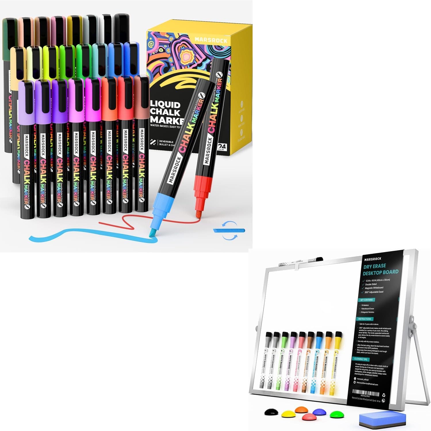 Marsrock Liquid Chalk Markers,24 Vibrant Colors Chalk Pens, Reversible Tip, Wet Erase, Water-Based Chalkboard Markers for Blackboards Dry Erase White Board with Stand