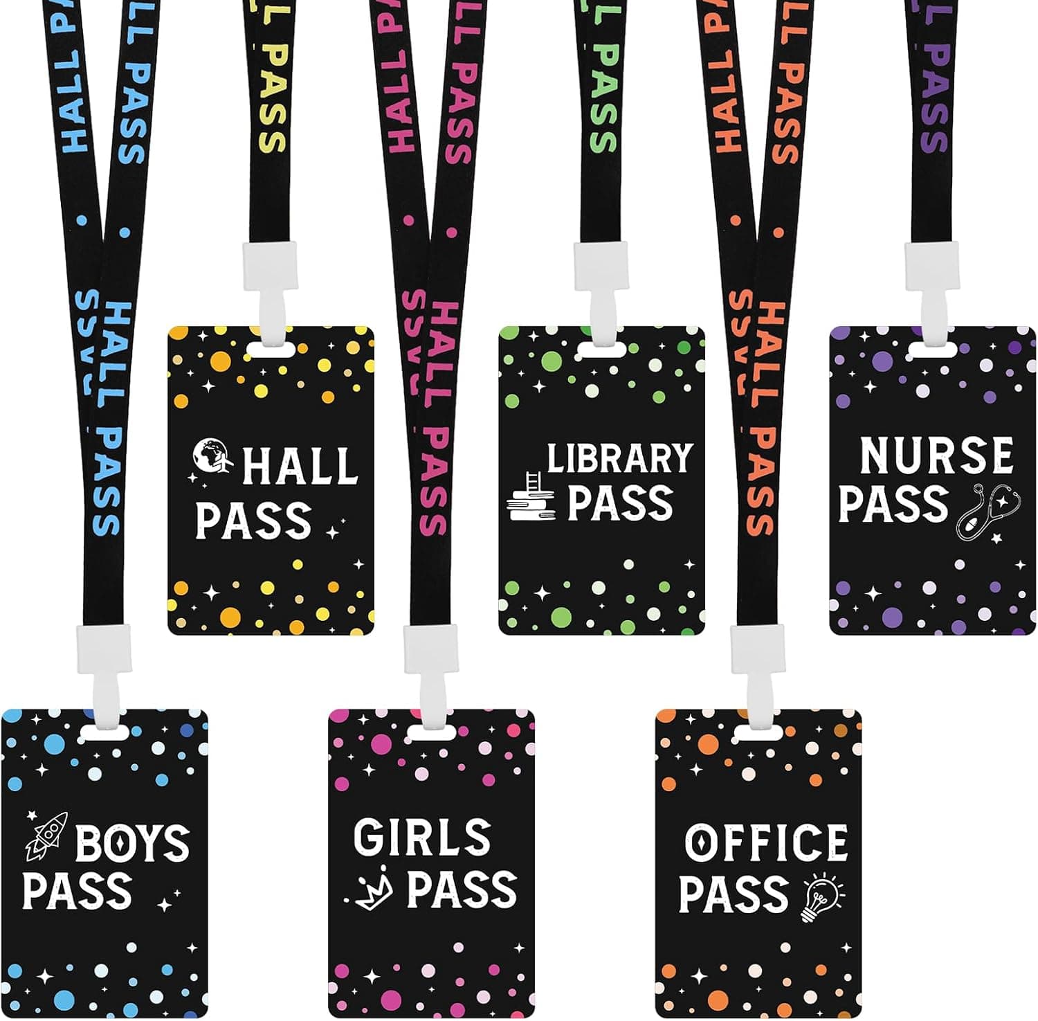 BESARME 6 Sets Hall Passes for Classrooms Colorful PVC School Pass Set - Lanyard Design with Clear Text for Hall, Nurse, Office, Library, Boys and Girls Teacher Supplies