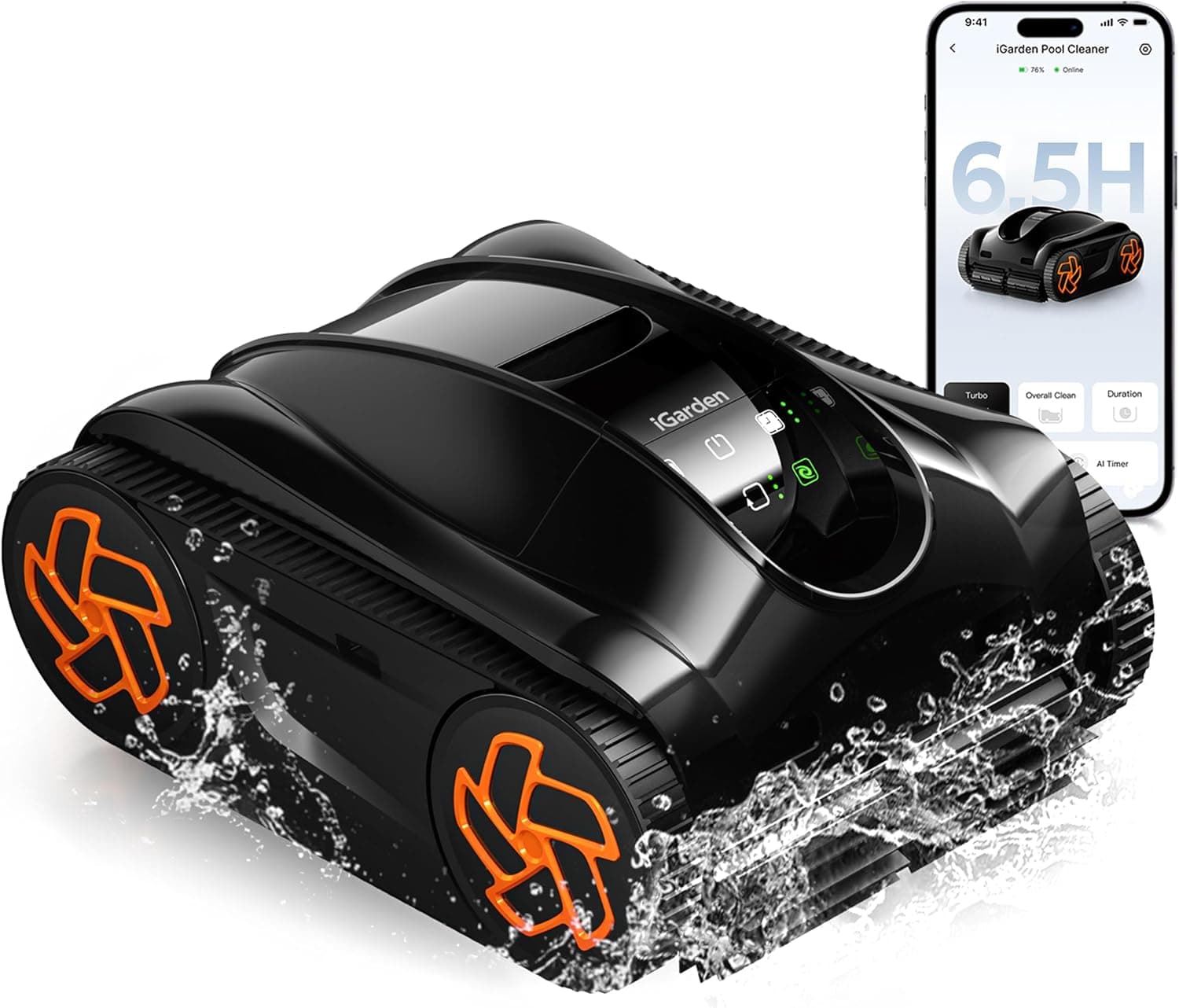 iGarden Robotic Pool Cleaner, 6.5H Runtime Cordless Pool Vacuum, Dual Filtration, Turbo Mode, Smart Navigation, Touchscreen Control, for Inground & Above-Ground Pools, Obsidian