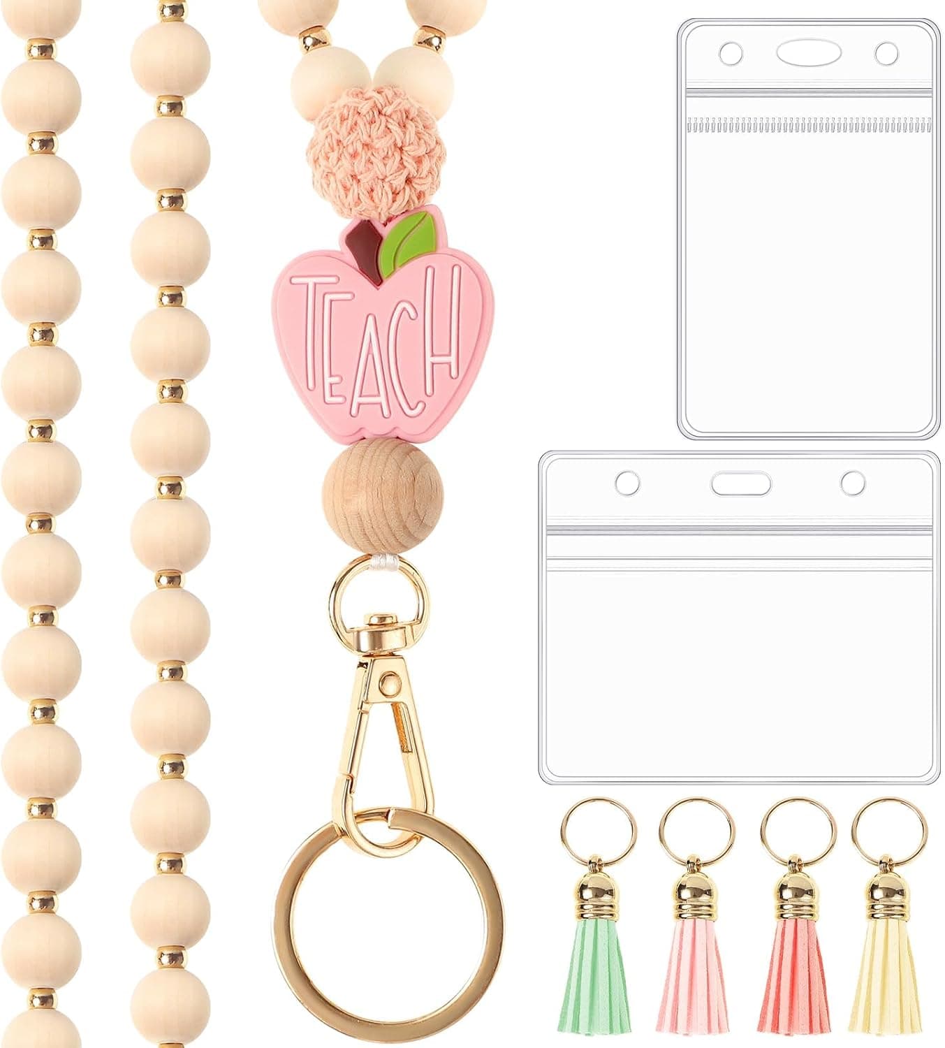 BESARME Teacher Appreciation Gifts Lanyard with ID Holder Teachers Bracelet with Wooden Beaded Teacher Lanyard Thank You Cards for Women