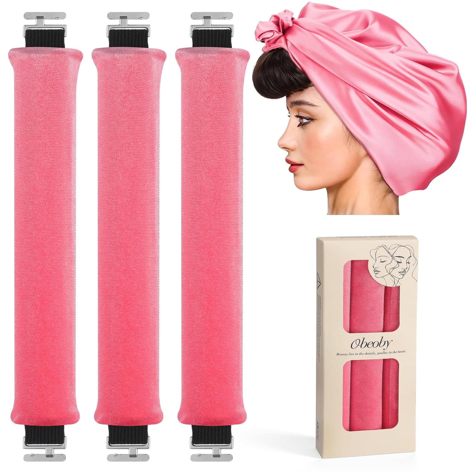 Heatless Curlers, Heatless Curls Overnight Set for Women, No Heat Hair Curlers to Sleep In, Jumbo Overnight Curls with Blowout Rods for Long Hair (Soft Pink, 3 Pack Curling Rod with 1 Scarf)